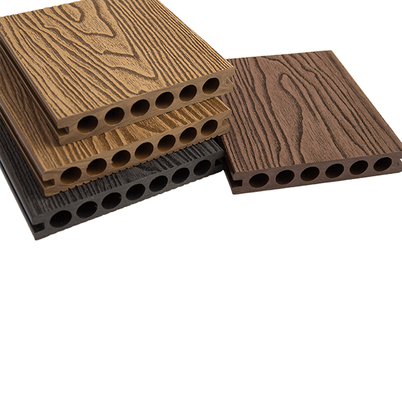 Piso composto de madeira e plástico PE com furo redondo de 140*23 mm (geração 1) Piso composto de madeira e plástico PE com furo redondo de 140*23 mm (geração 1)